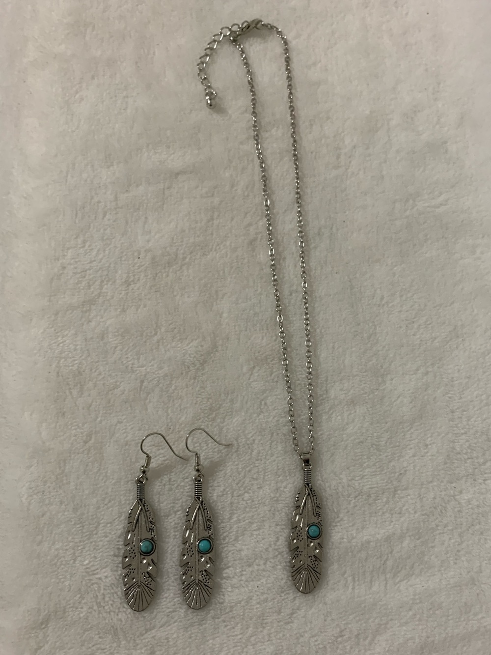 Silver Feather Pendant Necklace and Earrings Set with Turquoise Accents
